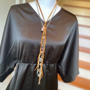 Free People layered silver tone w/camel suede tassel & Rhodonite pendant 18-21”